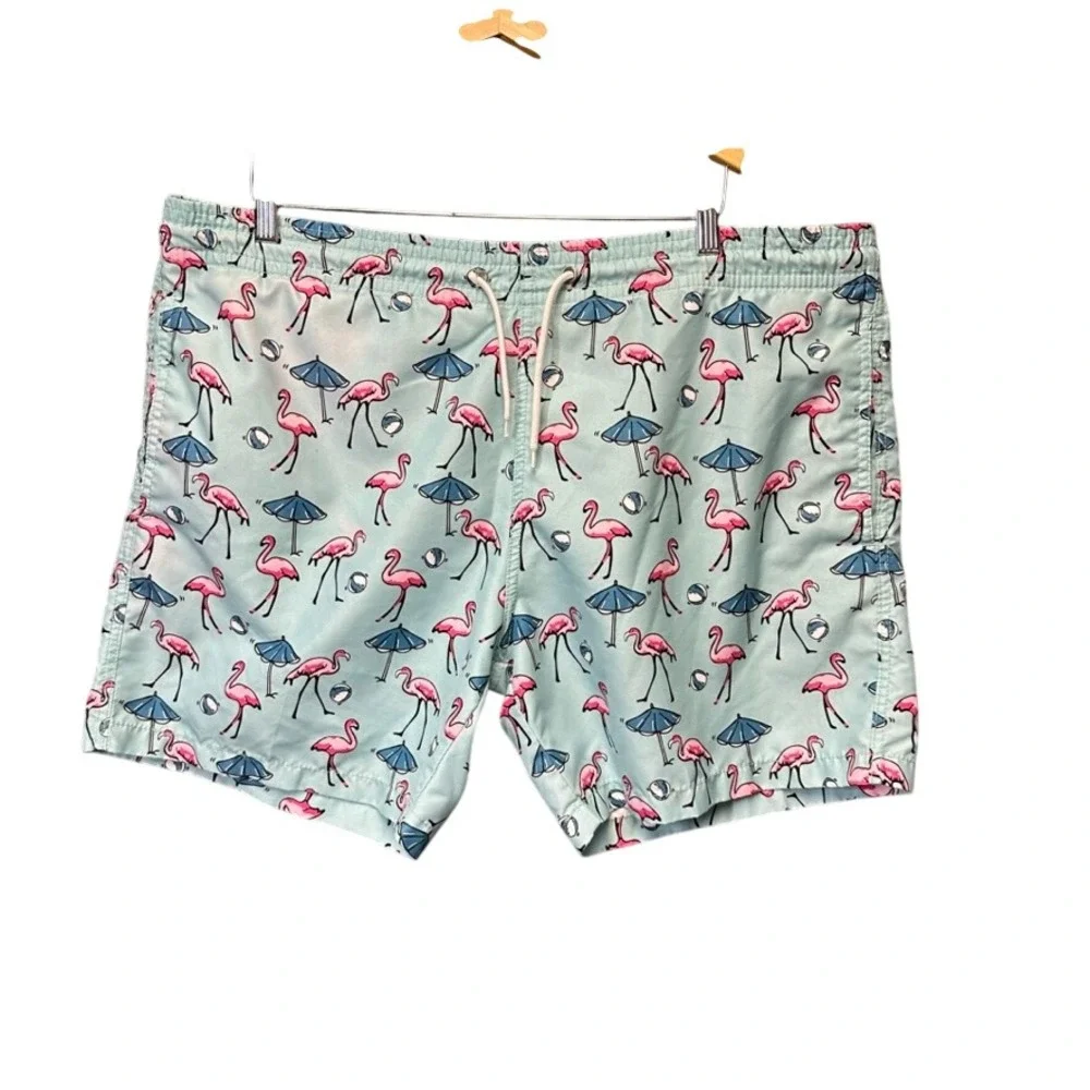 Trunks Surf & Swim Co Mens XL Swim Trunks Aqua Blue Pink Flamingo Beach Print